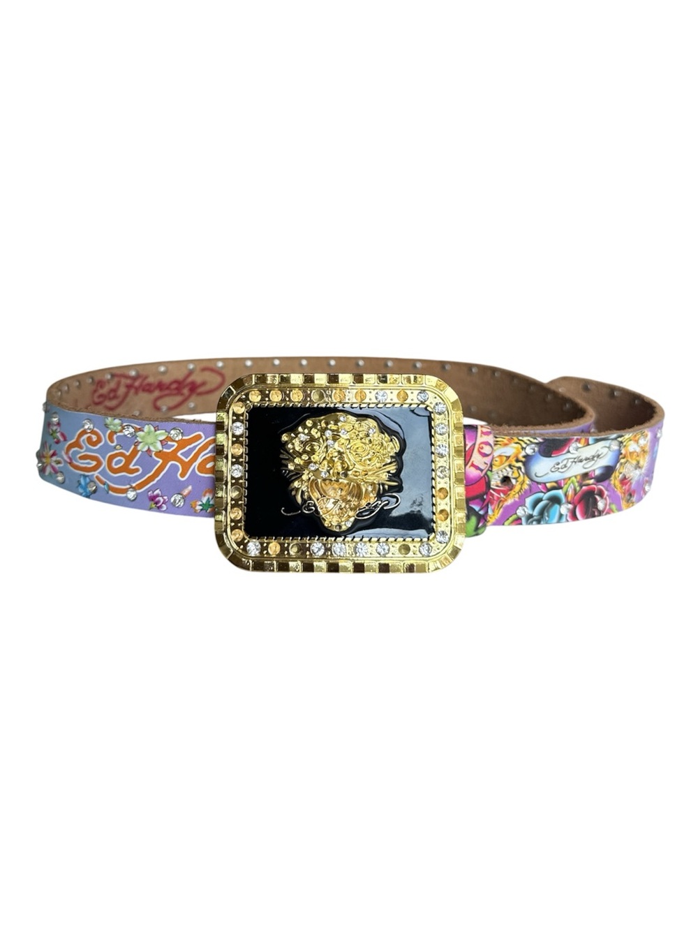 Y2K Don Ed Hardy Designs True Love Tattoo Leather Rhinestone Belt Tiger Buckle